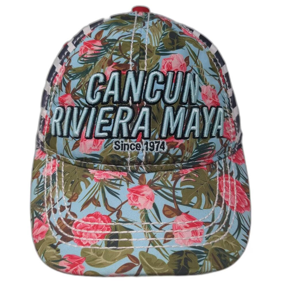 Pier 27 Baseball Cap Blue Pink Cancun Riviera Maya Floral Slideback Hat One Size